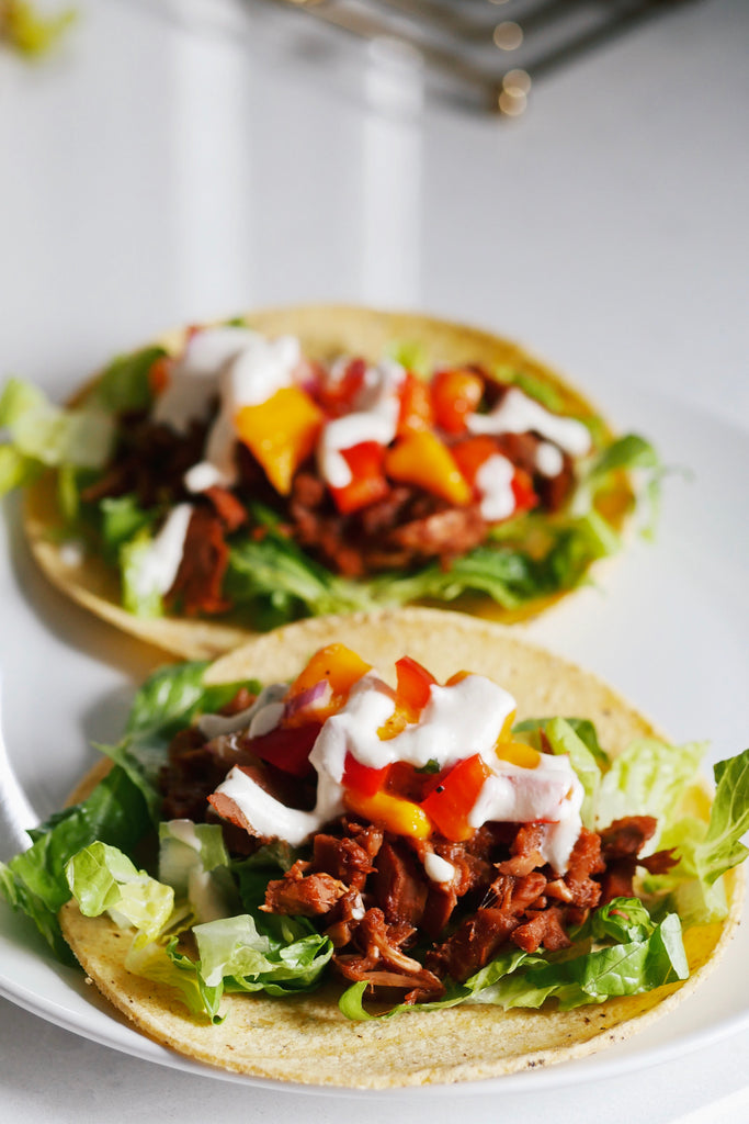 Pulled BBQ JackFruit Tacos with Spicy Mango Salsa & Cashew Lime Sauce